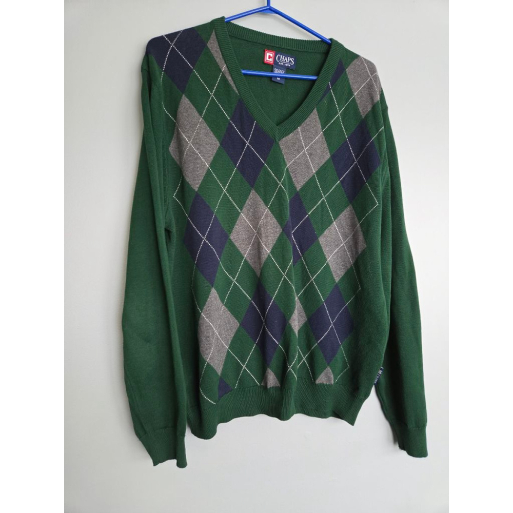 Men's Chaps V-Neck Argyle Sweater M Green Gray
